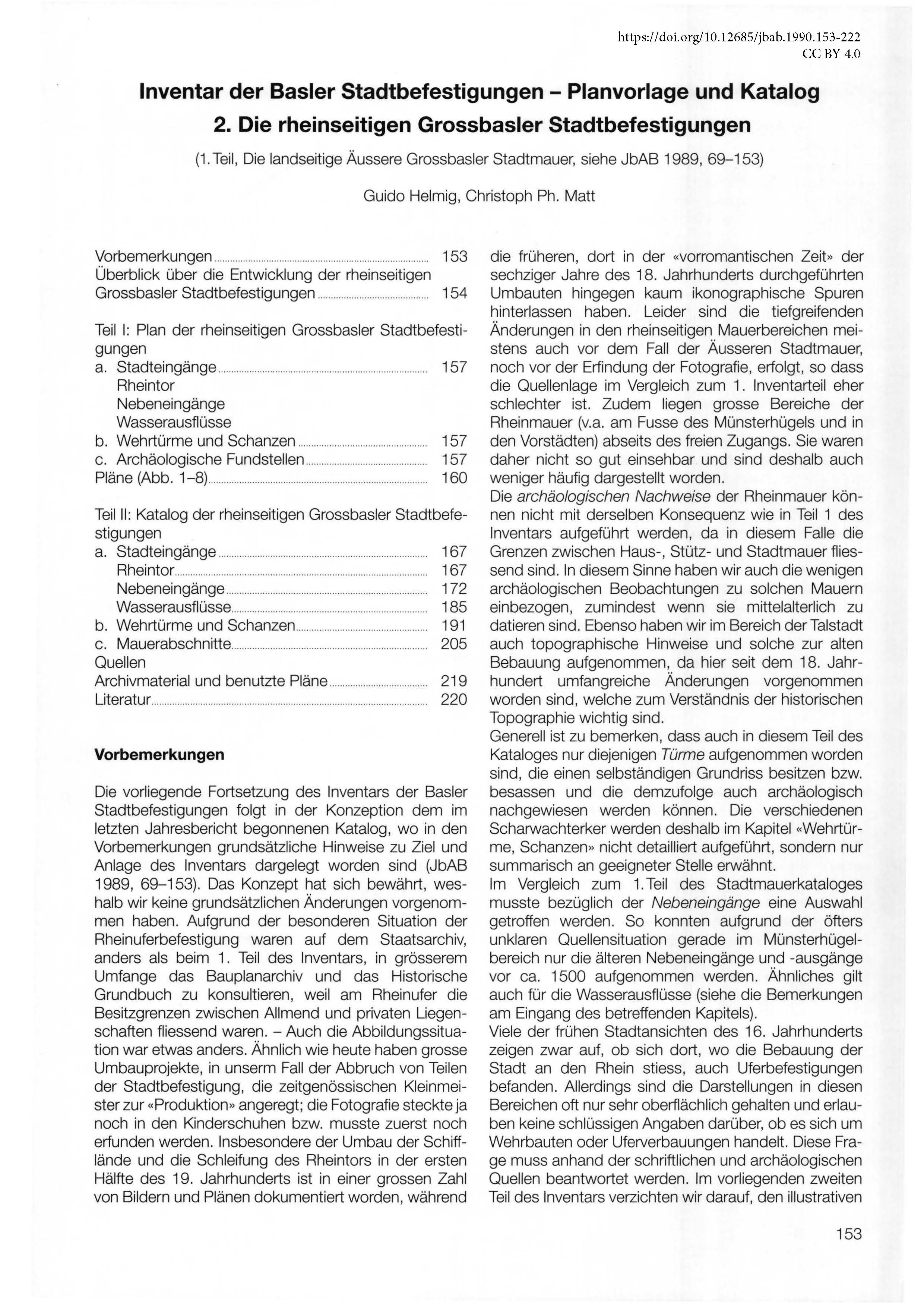 Erste Seite des Inventars der rheinseitigen Grossbasler Stadtbefestigungen